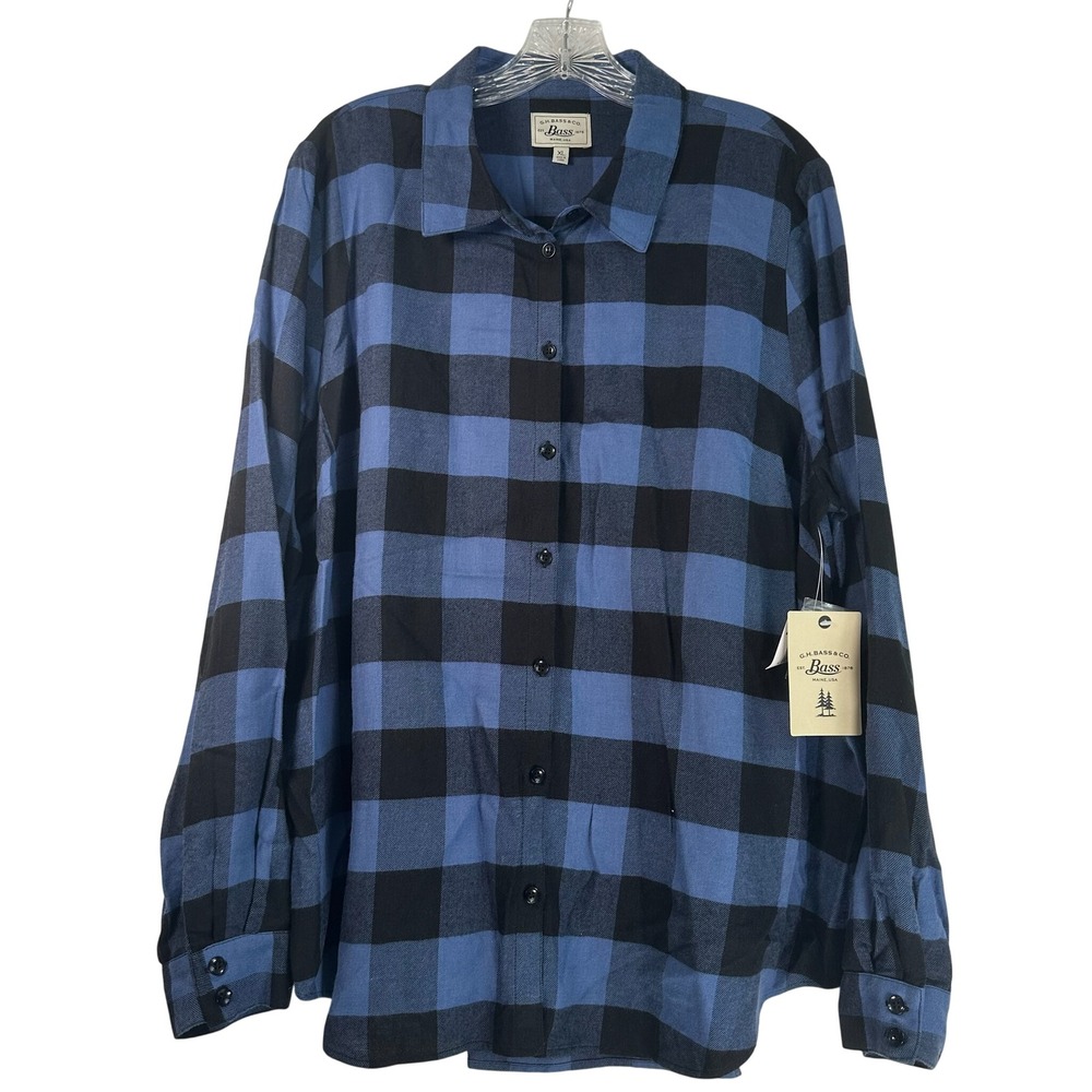 GH Bass & Co Womens XL Blue Black Buffalo Plaid Flannel Button Down Shirt NWT